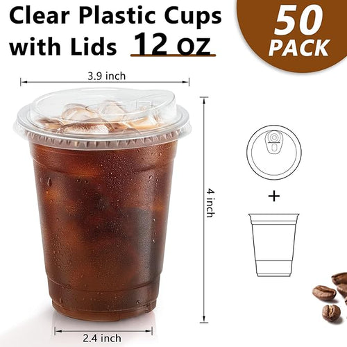 12 oz 50 Pack Clear Plastic Cups with Lids, Sturdy Iced Coffee Cups with Sip Lids, Disposable Food Safe Smoothie Cup for Cold Drinks, Juice, Milkshake