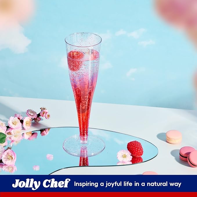 JOLLY CHEF 100 Pack Plastic Champagne Flutes Disposable 4.5 oz Purple Glitter Plastic Champagne Glasses Suitable for Wedding, Thanksgiving Day, Christmas