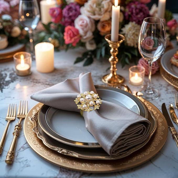 Decozen Set of 12 Gold Napkin Rings with Pearl Design, Festive, Table Decor Setting for Holiday, Wedding, Birthday, Kitchen, Home Decor, Housewarming Gift - Thanksgiving & Christmas Gift Decoration
