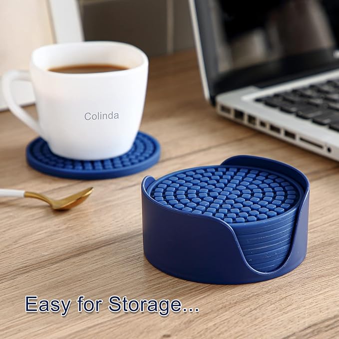 Colinda Silicone Drink Coasters with Holder, Set of 6, Outdoor Cup Mat for Hot or Cold Drinks, Thickened, Non-Slip,Non-Stick, Navy Blue