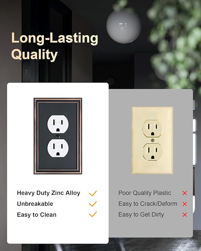 6-Pack Single Duplex Outlet Cover Plate, Decorative Aged Bronze Switch Plates and Outlet Covers, Metal Wall Plates for Electrical Outlets, 1 Gang Receptacle Cover, Corrosion Resistant