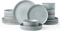 Famiware Star Dinnerware Set with Pasta Bowls, Service for 4 (16pcs), Ribbed Stoneware Plates and Double Bowls Dishes Sets - Chip & Scratch Resistant, Microwave & Dishwasher Safe, Smoky Blue