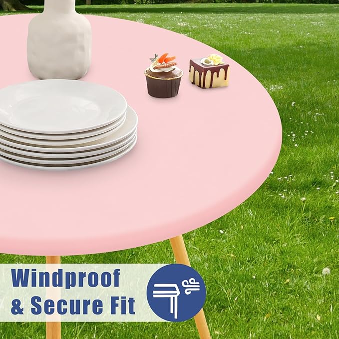 Round Spandex Valentines Day Tablecloth, Elastic Fitted Waterproof Tablecloths for 42"-50" Tables, Stretch Washable Picnic Table Cover for Camping, Dining, Indoor and Outdoor, Pink