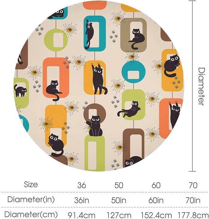 Bohemian Black Cat Round Tablecloth, Rustic Vintage Mid Century Geometric Tablecloth for Home Party Dining Room Kitchen Decor 36Inch(90cm)