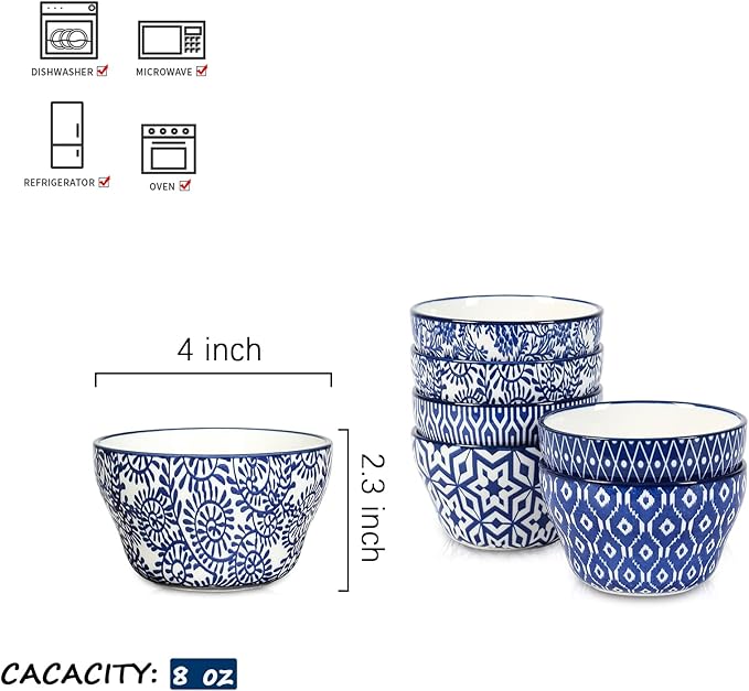 Selamica Ceramic 8oz Bouillon Cups 4 Inch Small Bowls, Dessert bowls for Soup Dipping Sauce Coffee Cupping, Microwave Dishwasher Safe, Set of 6, Vintage Blue