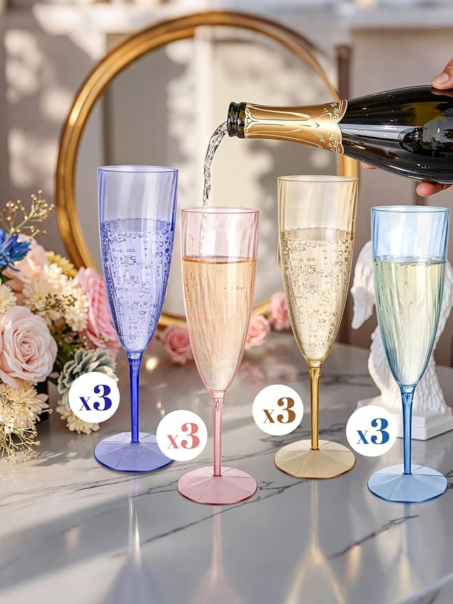 WDF 12PCS Colorful Plastic Champagne Flutes - 6 OZ Colorful Disposable Champagne Flutes - Perfect for Wedding Parties Birthday Valentines Day
