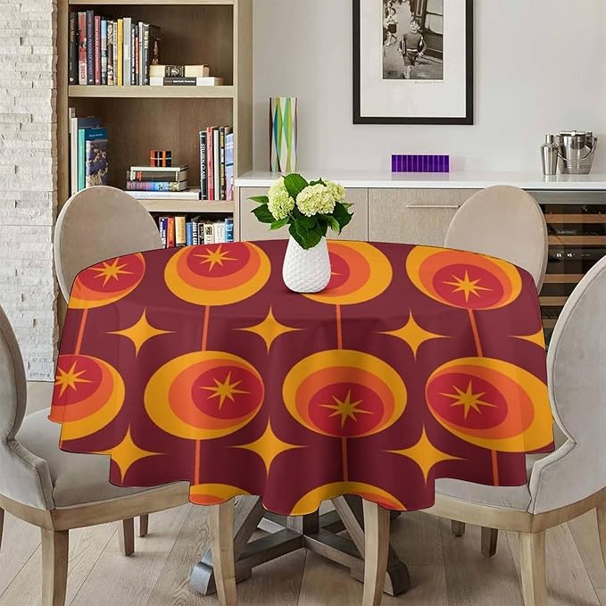 Modern Mid Century Round Tablecloth, Abstract Vintage Geometric Print Tablecloth for Home Party Dining Room Kitchen Decor 60Inch(152cm)