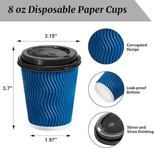 100 Pack Coffee Cups with Lids 8 oz, Disposable Insulated Ripple Wall To Go Paper Coffee Cups for Hot/Cold Drinks Office Home Shop Event (Navy)