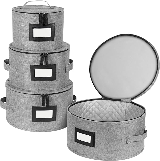 BALEINE China Storage Containers, Sturdy Quilted Wine Glass Storage, Plate Organizer with Carry Handles, Moving Boxes for Dishes, Cups, Mugs and Stemware (Plate, Hard Shell Grey)