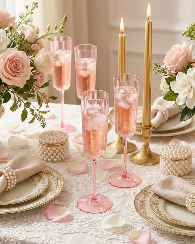 Ciaell 24 Pack Pink Plastic Champagne Flutes - 6 Oz Flower Wavy Champagne Glasses - Heavy Duty Vintage Disposable Glassware for Party & Anniversary & Wedding & Valentine's Day
