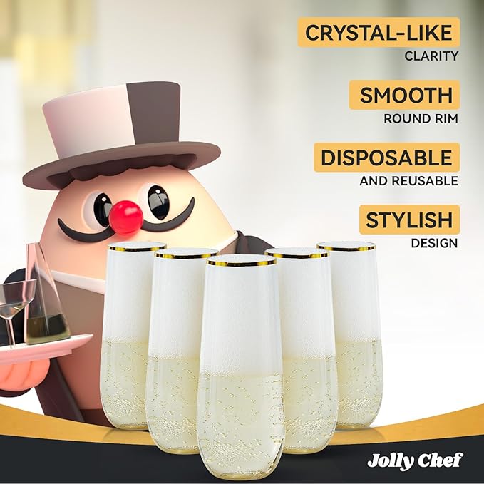 JOLLY CHEF 24 Pack Stemless Plastic Champagne Flutes Disposable 9 Oz Gold Rim Clear Plastic Toasting Glasses Shatterproof Recyclable for Party, Wedding, Birthday, Christmas