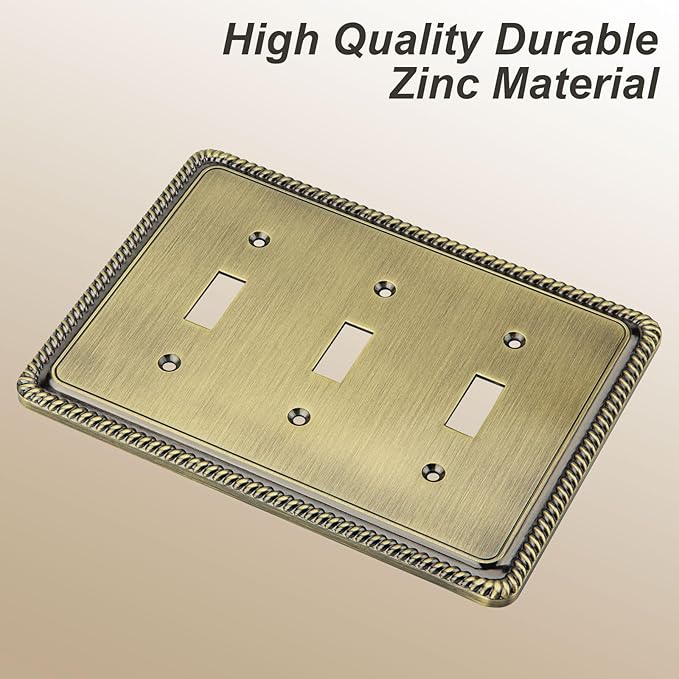 Henne Bery Rope Edge Decorative Wall Plate Switch Plate Outlet Cover (Triple Toggle, Antique Brass)