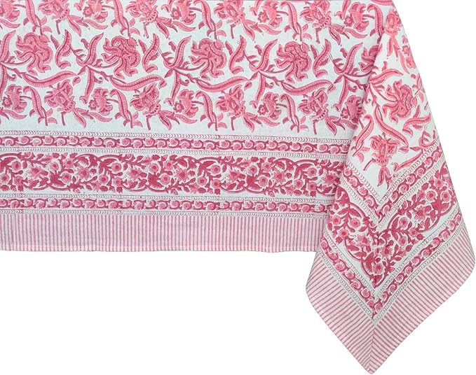 ATOSII Red Bloom 100% Cotton Rectangle Tablecloth, Block Print Floral Linen Table Cloth for Dining Parties Outdoors Weddings Holidays I 72 X 120 Inches, 10 Seater, Summer Farmhouse Grandmillennial