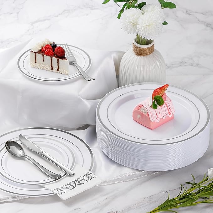 Goodluck 700 Piece Silver Dinnerware Set for 100 Guests, Disposable Plastic Plates for Party, Include: 100 Dinner Plates, 100 Dessert Plates, 100 Paper Napkins, 100 Cups, 100 Silverware set