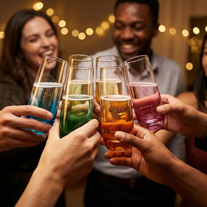 ColoVie Stemless Champagne Glasses Set of 6- Colored Champagne Flutes- Wedding Toasting Glass- Bridesmaid Gift- Mimosa Glass- Crystal Bar Glassware- Birthday Cocktail Party, 9.6oz