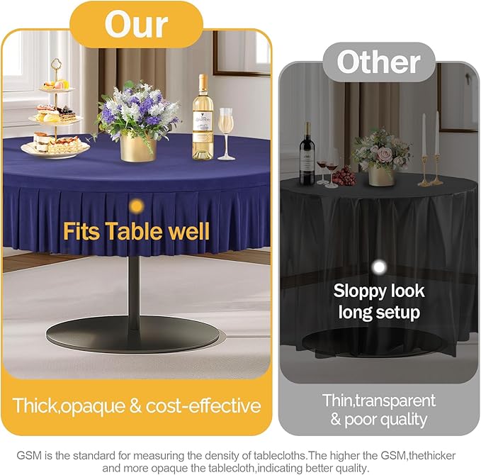 6 Pack Navy Blue Spandex Round Tablecloths for 60 Inch Tables - Stretchy Fitted 5FT Cloths, Wrinkle-Free Cover With Skirt for Wedding, Party, Dining, Banquet