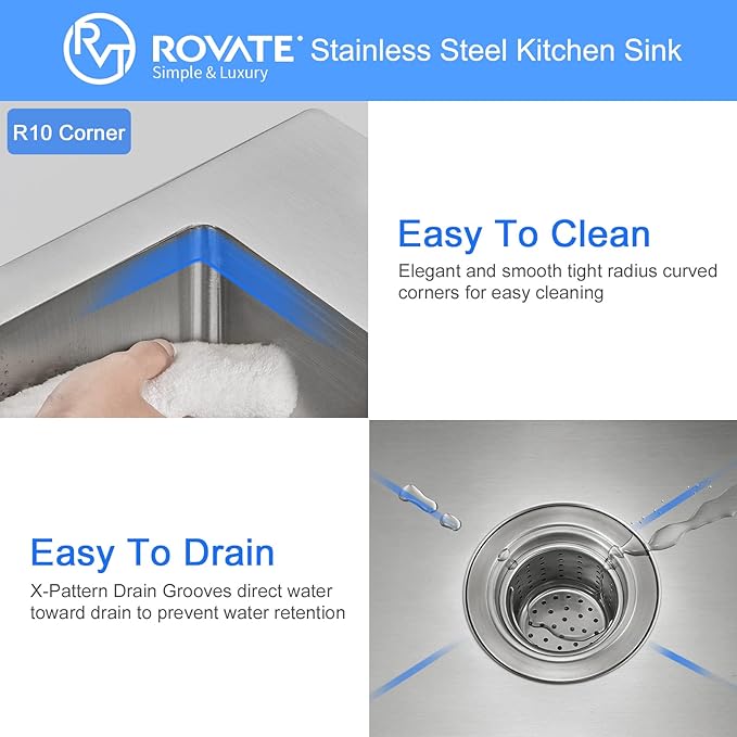 ROVATE 24 × 18 Inch Drop-in Topmount Kitchen Sink Single Bowl, 304 Stainless Steel Handmade Overmount Kitchen Sink with Basket Strainer, 24 x 18 x 9 inch