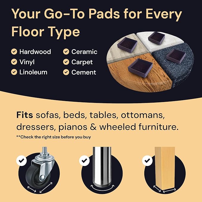 CasterMaster Antiskid Furniture Pads Rectangular, Non-Slip Rubber Caster Cups, Anti-Sliding Floor Protectors for Furniture - Black, 2'' x 4'' (Pack of 4) - Floor Protectors for Chairs