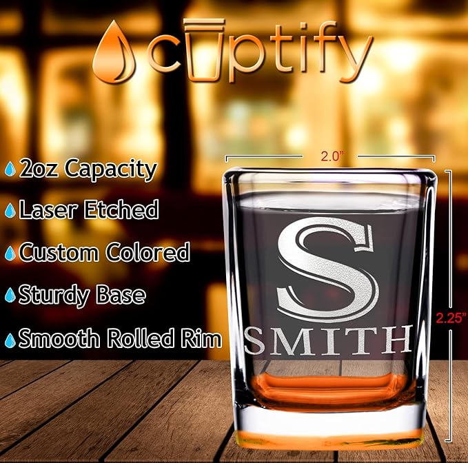 Personalized Square Shot Glasses Set of 8 Orange Bottom 2oz Engraved Initial and Name Custom Gifts, Weddings, Birthdays, Party, Event, Decorations