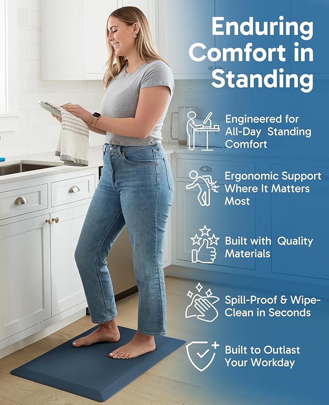 Ophanie Kitchen Mats for Floor, 3/4 Inch Thick Kitchen Rugs, 20''x39'' Anti Fatigue Standing Cushioned Mat, Waterproof,Comfort Ergonomic Mat for Office, Home, Sink, Blue Non-Slip Bottom
