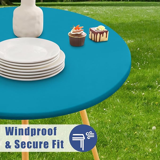 Round Spandex Tablecloth, Elastic Fitted Waterproof Tablecloths for 25"-30" Tables, Stretch Washable Picnic Table Cover for Camping, Dining, Indoor and Outdoor, Turquoise