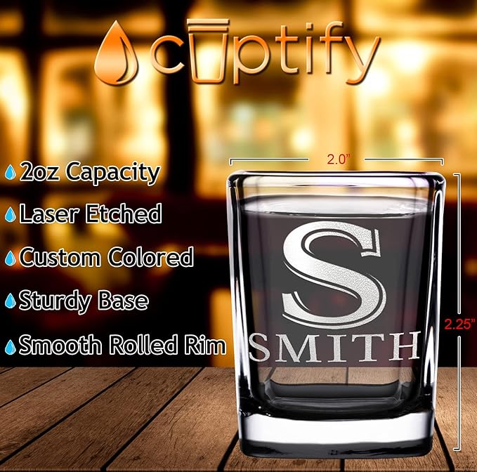 Personalized Glasses Split Script Initial and Name Set of 10 2oz Black Bottom Etched Square Shot Glass Engraved with Custom Text Birthday Gift for Men and Women