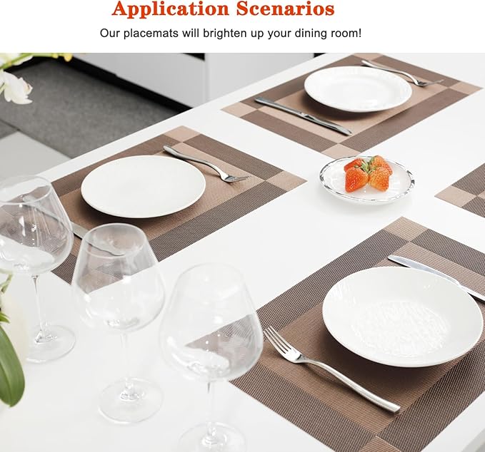 Placemats Set of 4,Washable,Heat and Stain Resistant Indoor/Outdoor Place mats,Vinyl Woven Non Slip Table Mats for Restaurant Table Protection,PVC Placemats(Brown,4PCS)