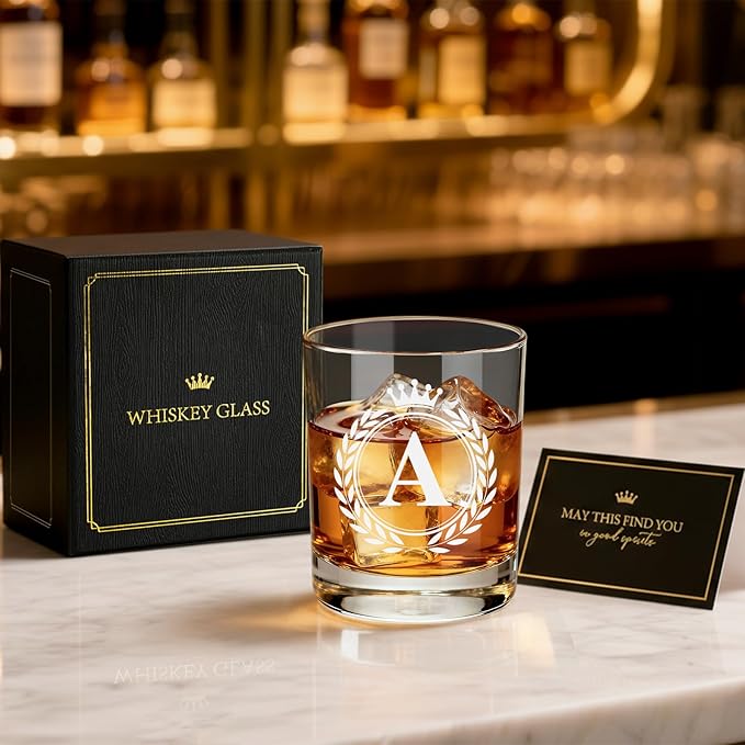 Whiskey Glasses - Rocks Old Fashioned Glass Gifts for Men, Monogrammed A-Z 10oz Personalized Whisky Glasses, Christmas Birthday Gifts for Men Him Dad Father Husband Brother Son (A)