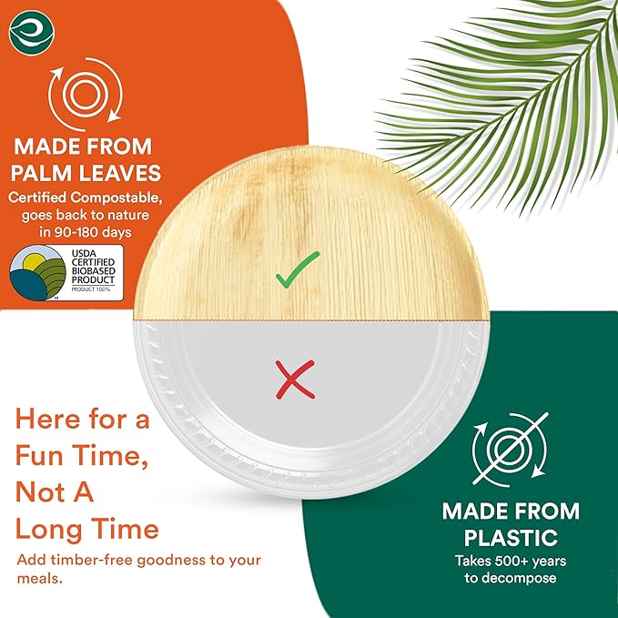 ECO SOUL Palm Leaf Plates 6" Round (200 Count) - Disposable, Eco-Friendly, Biodegradable Bamboo Appetizer Plates - Perfect Dinnerware for Parties, Weddings, Events & Holidays