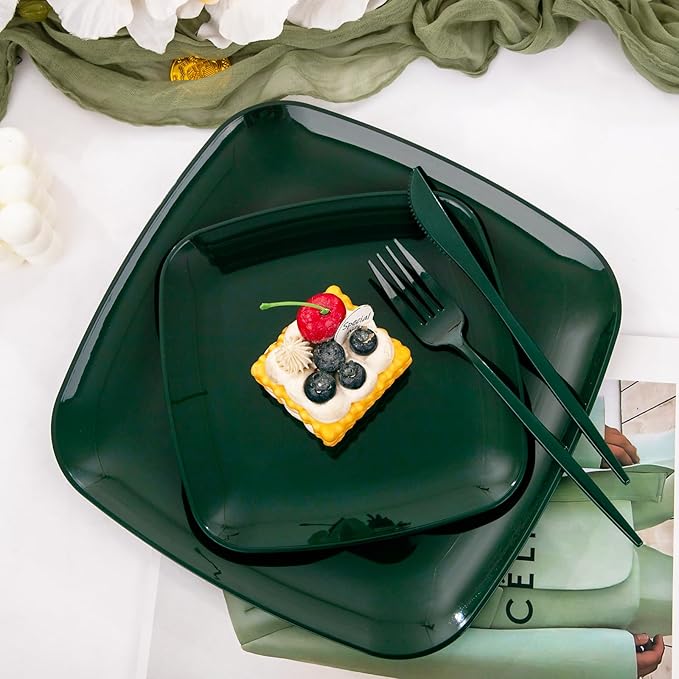 PULOTE 60PCS Green Square Plastic Plates - Green Disposable for 30 Green Guests Include 30 Dinner and 30 Dessert Plates for Party&Christmas