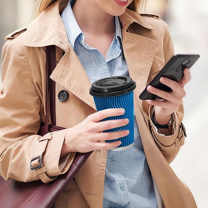500 Pack Coffee Cups with Lids 16oz, Disposable Insulated Ripple Wall To Go Paper Coffee Cups for Hot/Cold Drinks Office Home Shop Event (Navy)