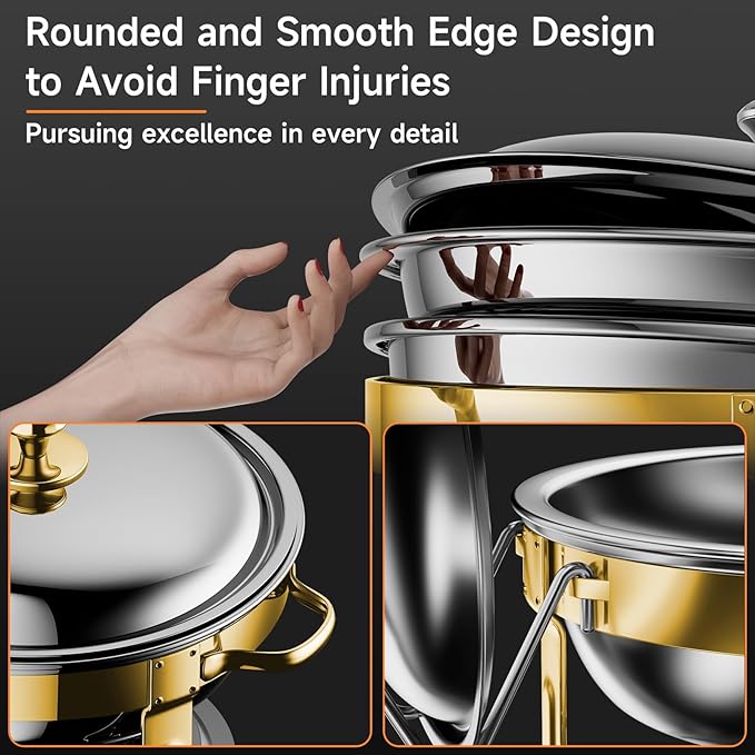Chafing Dishes for Buffet, 4 Pack 5QT Round Stainless Steel Chafing Dish Set for Home Parties, Christmas Gatherings, Catering Events Complete Buffet Warmer Set (Golden 4)