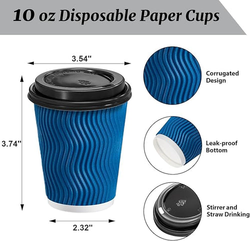 100 Pack Coffee Cups with Lids 10 oz, Disposable Insulated Ripple Wall To Go Paper Coffee Cups for Hot/Cold Drinks Office Home Shop Event (Navy)