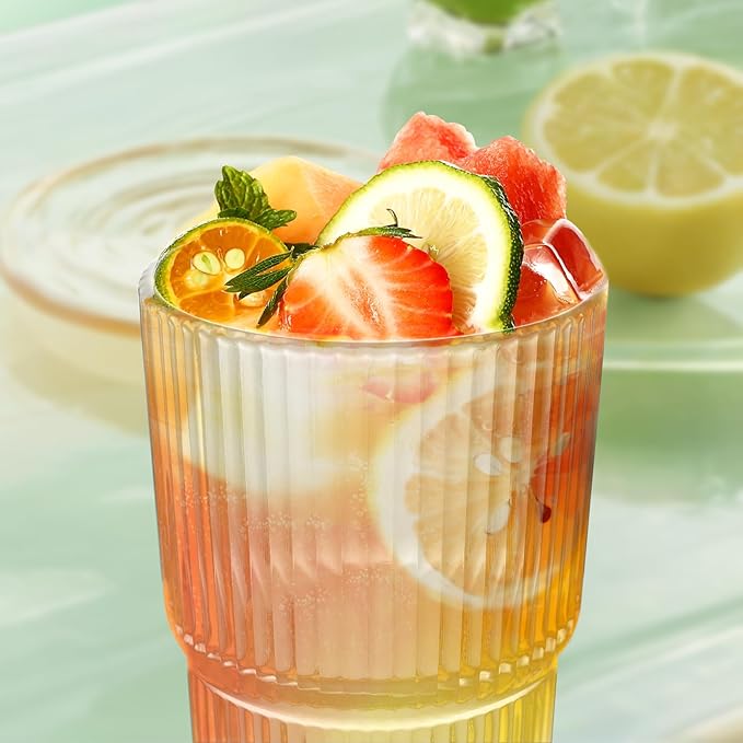 Drinking Glasses，19oz Ribbed Glassware,6 Pack Old Fashioned Glasses,Thickened glass for iced coffees, smoothies, cocktails and juices, perfect for families and parties (6)