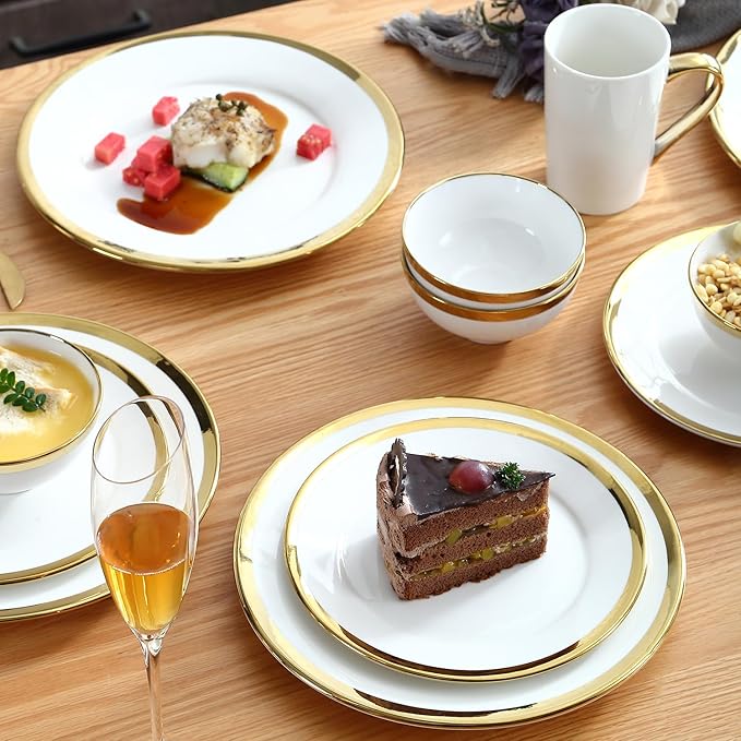 Dinner Plates, Set of 6, 10 inch,White Porcelain with Gold Trim，Appetizer Plates,Ceramic Round Dessert Serving Plates for Bread, Salad, Snack and Finger Food,Elegant Ceramic Dinner Plates