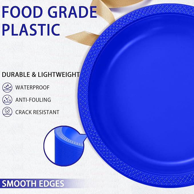 WELLIFE Royal Blue Party Plates 9 Inch -150 Count, Disposable Plastic Dark Blue Dinner Plates for Party Dessert Cake Appetizer