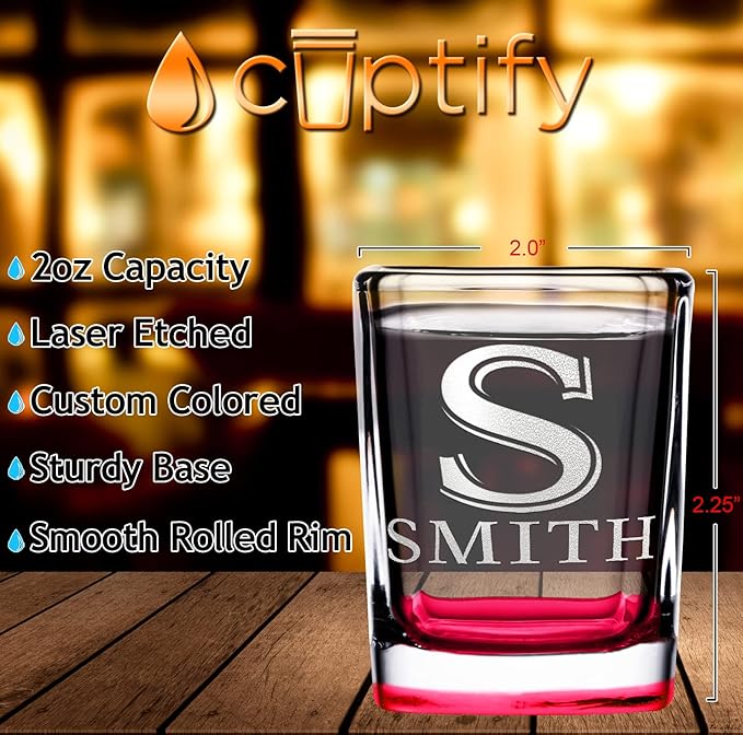 Personalized Square Shot Glasses Set of 10 Red Bottom 2oz Engraved Initial and Name Custom Gifts, Weddings, Birthdays, Party, Event, Decorations
