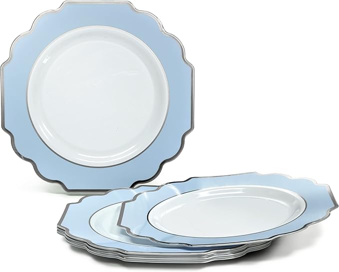 " OCCASIONS " 50 Plates Pack (25 Guests)-Heavyweight Wedding Party Disposable Plastic Plate Set -(25x10.5'' Dinner + 25x8'' Salad/dessert (Imperial in White/Blue & Silver)