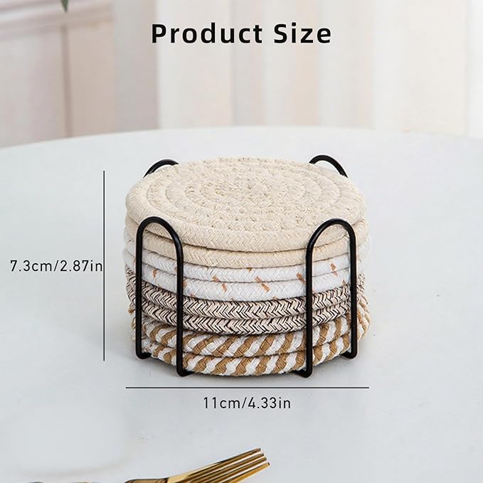 8 Pcs Drink Coasters with Holder, Handwoven Cotton Coasters Set Stackable Absorbent Minimalist Home Decor for Table, Cup, Mug (Grey)