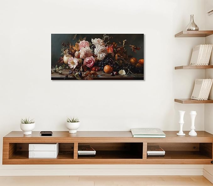 ADJUVANT Wall Art Vintage Floral And Fruit 60" L x 30" W, Peonies With Grapes And Citrus Canvas Painting Prints Graceful Botanic And Fruity Wall Decor for Living Room Bedroom Dining Room Home Office