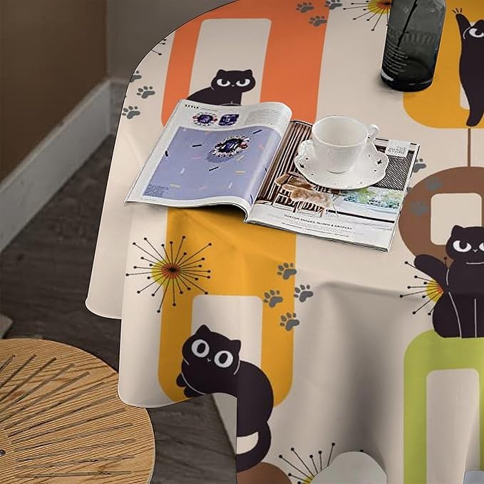 Bohemian Black Cat Round Tablecloth, Rustic Vintage Mid Century Geometric Tablecloth for Home Party Dining Room Kitchen Decor 60Inch(152cm)