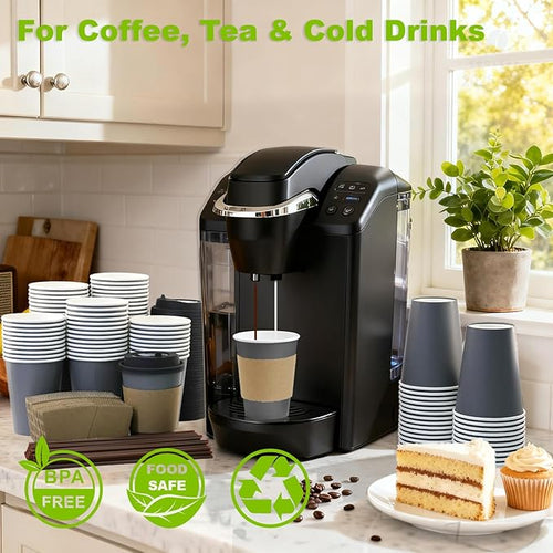 100 Pack 12 oz Disposable Coffee Cups with Lids and Sleeves, Leak-Proof To Go Coffee Cups, PLA Paper Coffee Cups for Hot Beverage