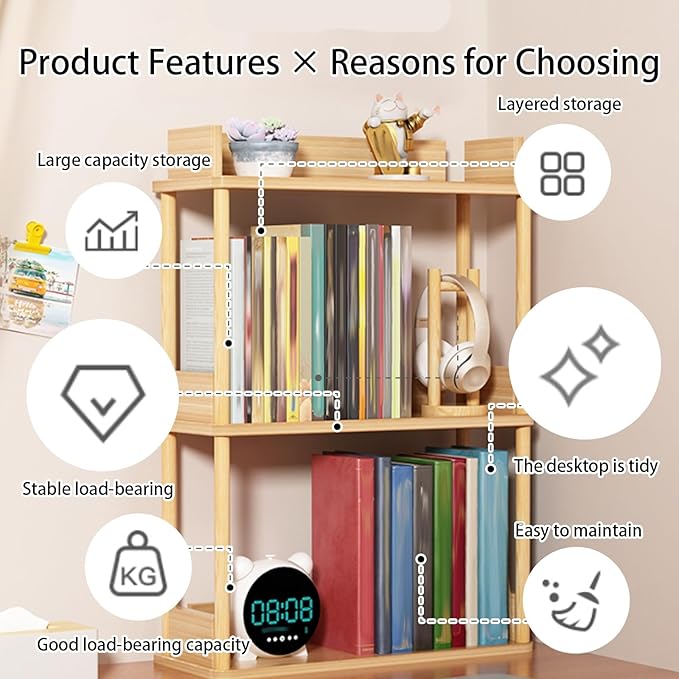 Desktop Organizer Shelf, Multi Tier Wood Tabletop Bookshelf, Space Saving Countertop Storage Rack for Office, Bedroom, Living Room(Warm White,19.6 * 7.8 * 14.5in)