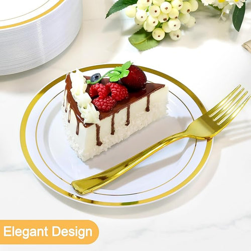 100 PCS Gold Plastic Plates, White and Gold Plastic Plates Include 50 Dinner Plate and 50 Dessert Plate Perfect for Holiday, Party & Wedding