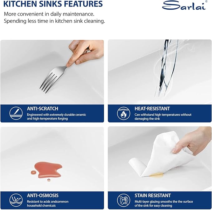 Sarlai 27 Inch White Undermount Sink 27x19 Inch White Kitchen Sink Dual Drop in & Undermount Kitchen Sinks Fireclay Single Bowl Deep Porcelain Ceramic Basin