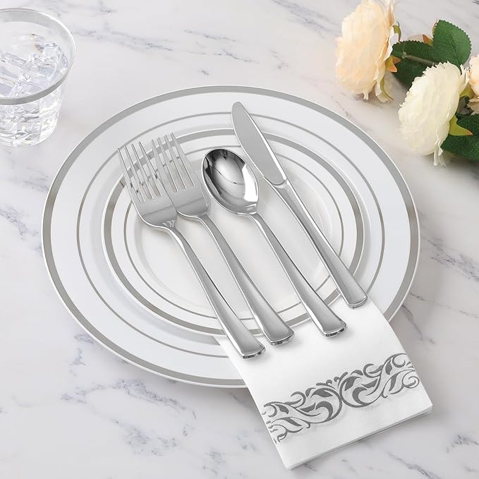 Goodluck 350 Piece Silver Dinnerware Set for 50 Guests, disposable Plastic Plates for Party, Include: 50 Dinner Plates, 50 Dessert Plates, 50 Paper Napkins, 50 Cups, 50 Silverware set