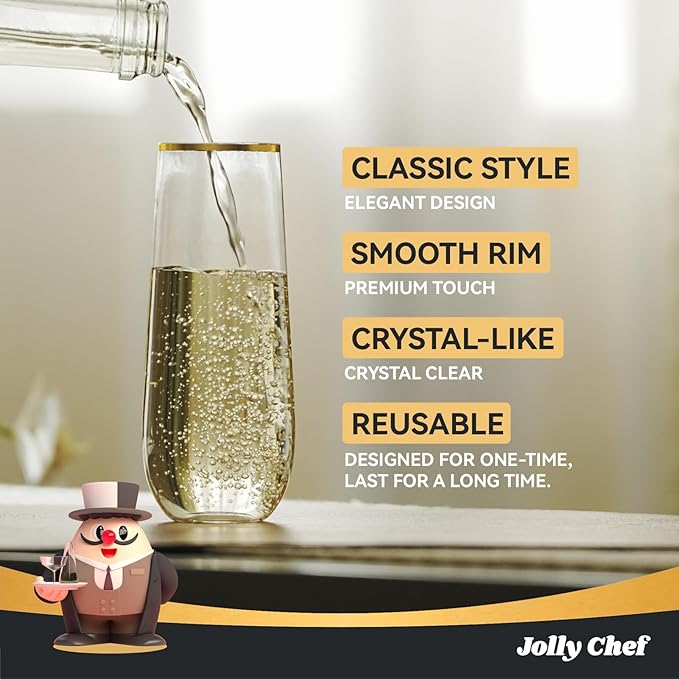 JOLLY CHEF 48 Pack Plastic Champagne Flutes, 9 oz Gold Stemless Champagne Flutes, Plastic Champagne Glasses, Shatterproof Recyclable Mimosa Glasses for Party, Wedding, Christmas, Birthday