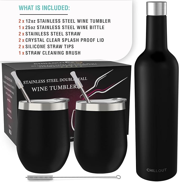 CHILLOUT LIFE 12 oz Stainless Steel Wine Tumblers 2 Pack & 1 Insulated Wine Bottle - Double Wall Vacuum Insulated Wine Glasses Cups with Lids and Straws Set Keeping Cold & Hot Gift Set