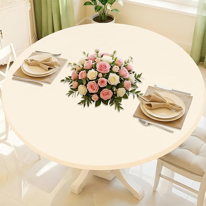 Round Spandex Tablecloth, Elastic Fitted Waterproof Tablecloths for 42"-50" Tables, Stretch Washable Picnic Table Cover for Camping, Dining, Indoor and Outdoor, Beige