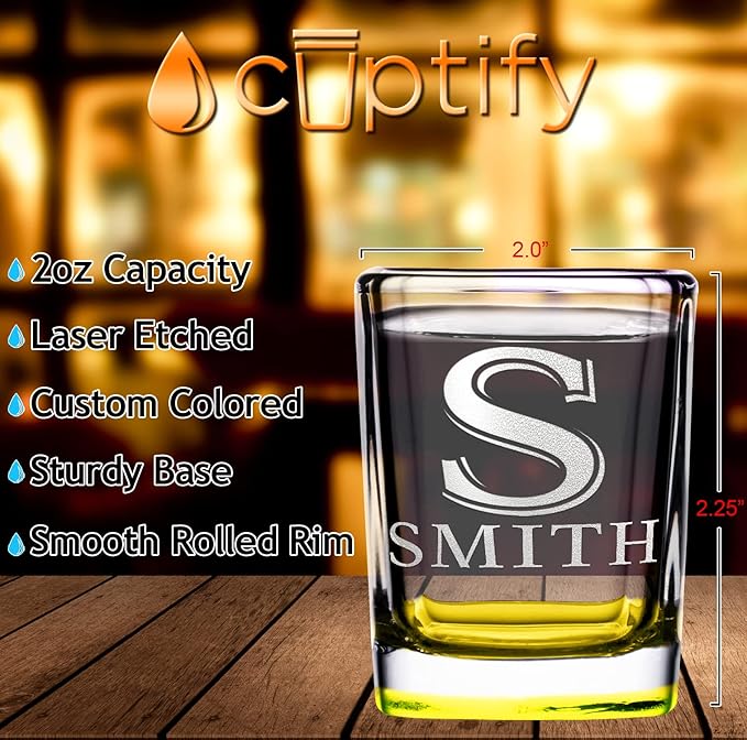 Personalized Square Shot Glasses Set of 8 Yellow Bottom 2oz Engraved Initial and Name Custom Gifts, Weddings, Birthdays, Party, Event, Decorations